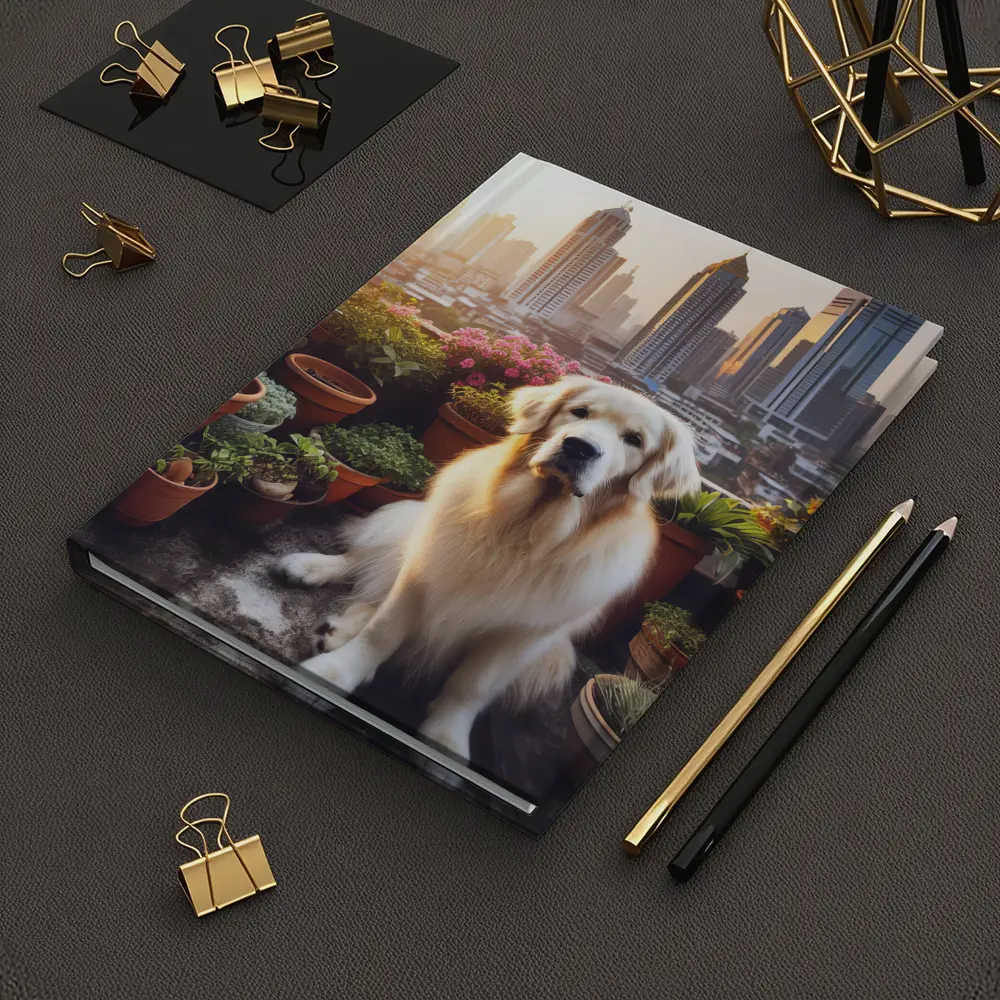 Golden Retriever Sitting City Skyline Rooftop – Notebooks