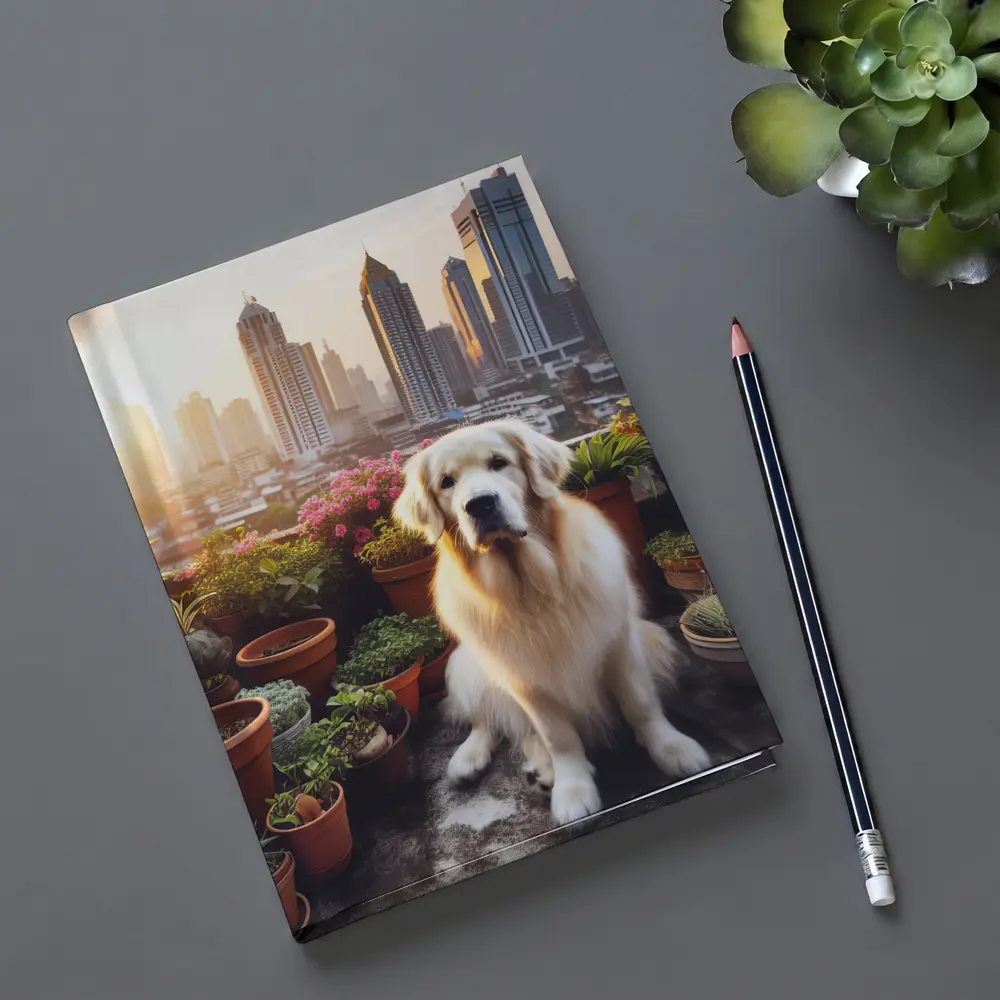Golden Retriever Sitting City Skyline Rooftop – Notebooks