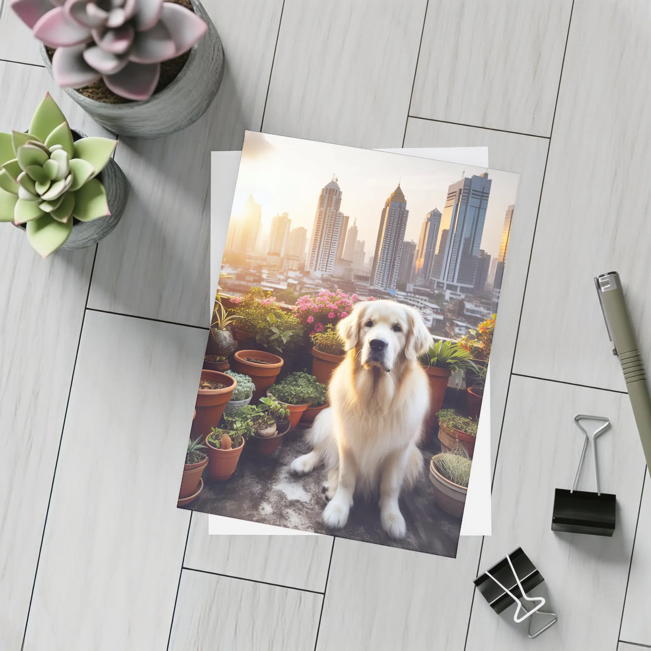 Golden Retriever Sitting City Skyline Rooftop – Postcards