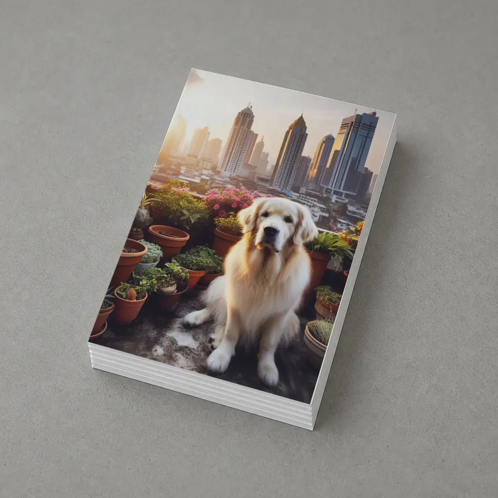 Golden Retriever Sitting City Skyline Rooftop – Postcards