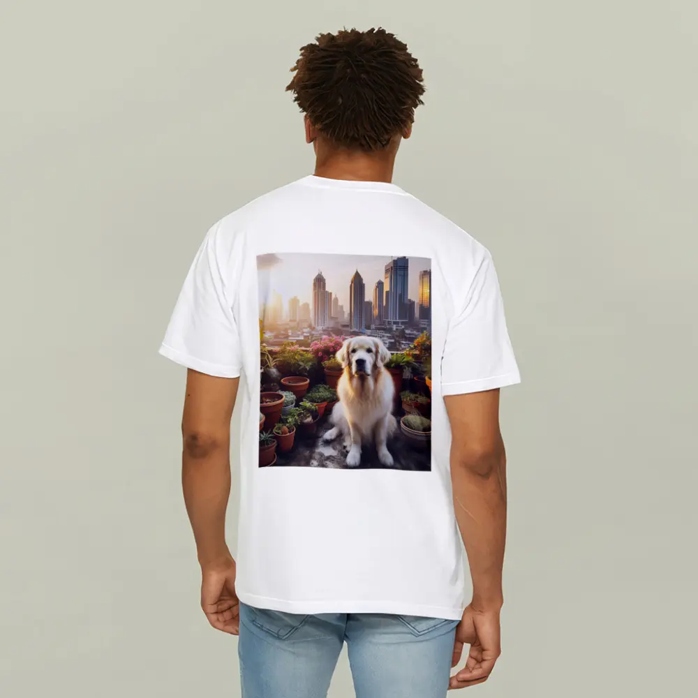 Golden Retriever Sitting City Skyline Rooftop – T-Shirts