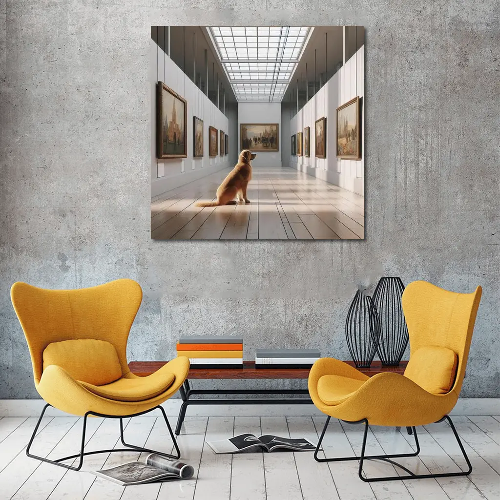 Golden Retriever Sitting in Art Gallery – Wall Art