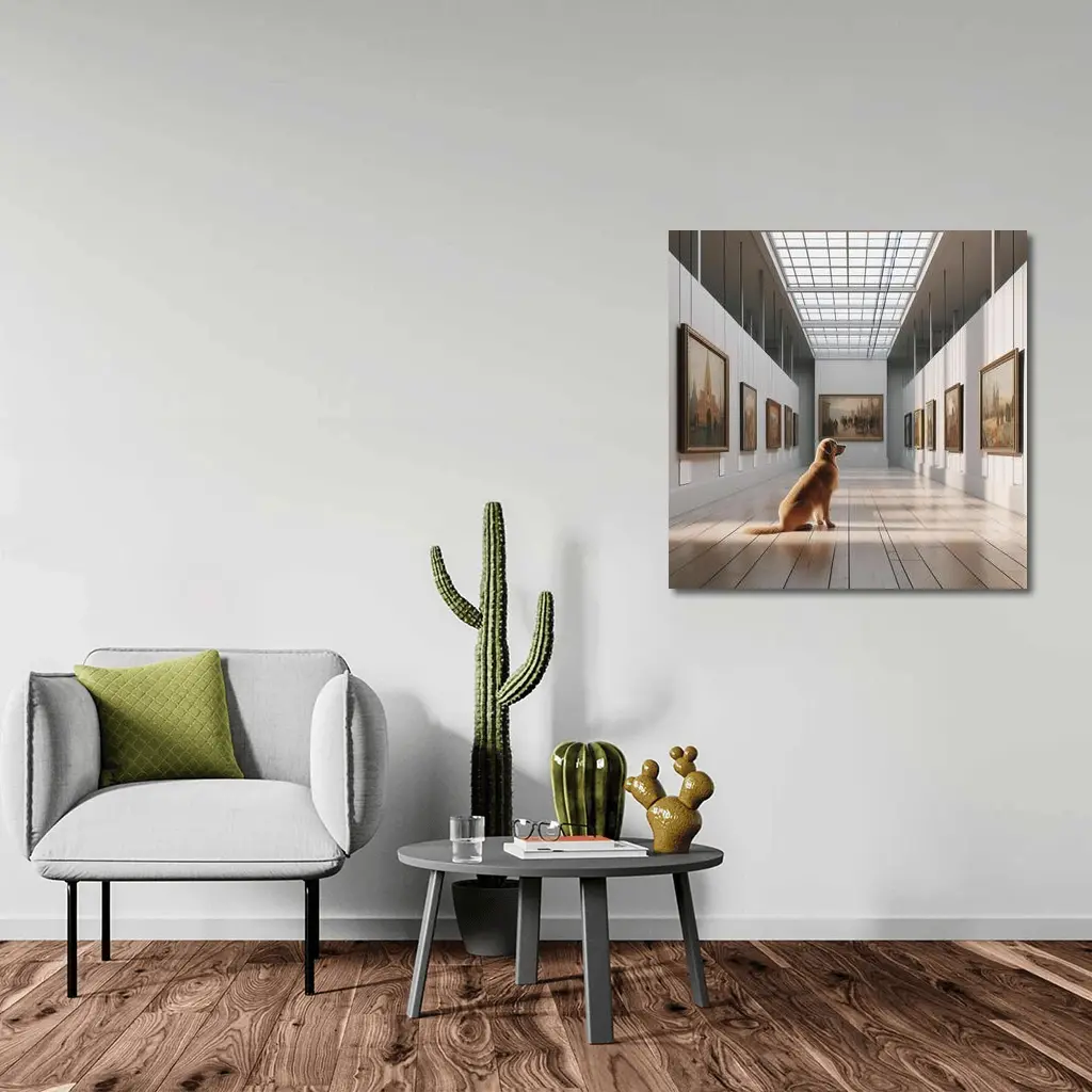 Golden Retriever Sitting in Art Gallery – Wall Art