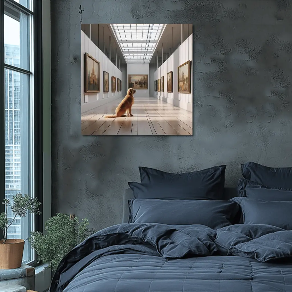 Golden Retriever Sitting in Art Gallery – Wall Art
