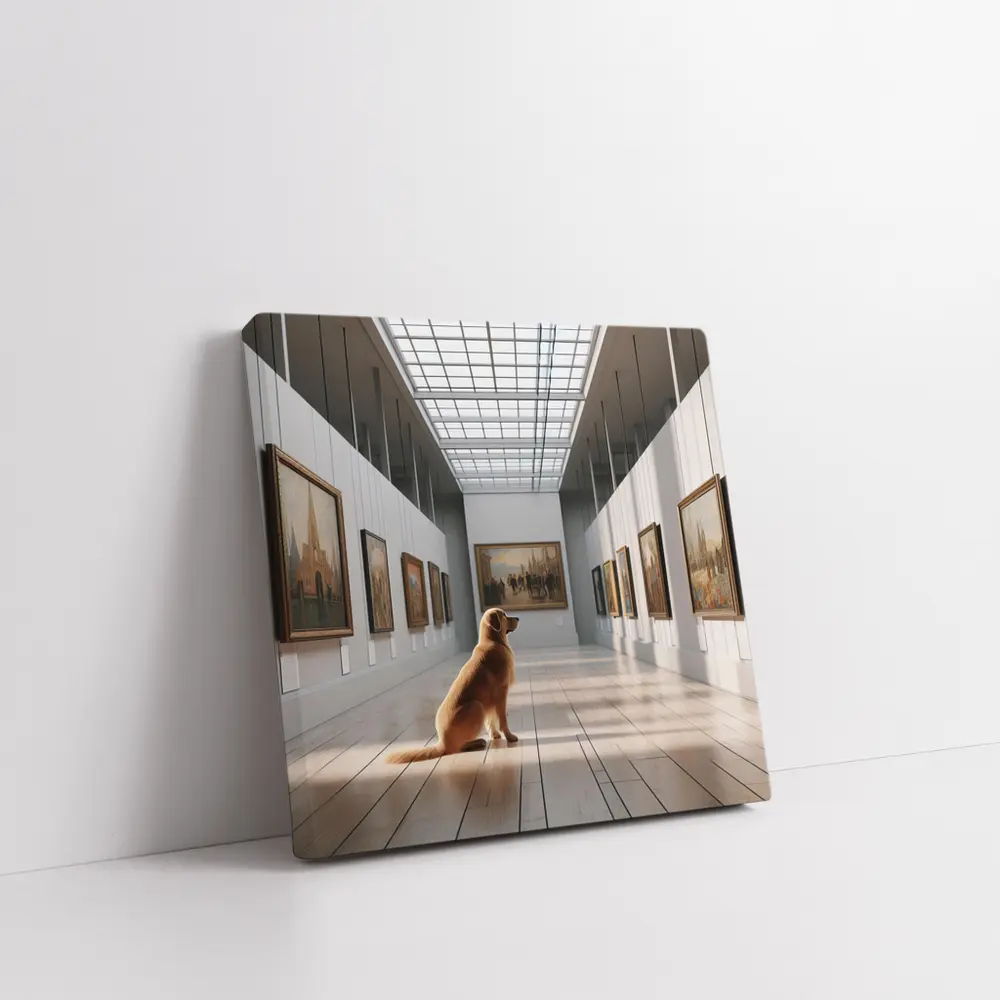 Golden Retriever Sitting in Art Gallery – Wall Art
