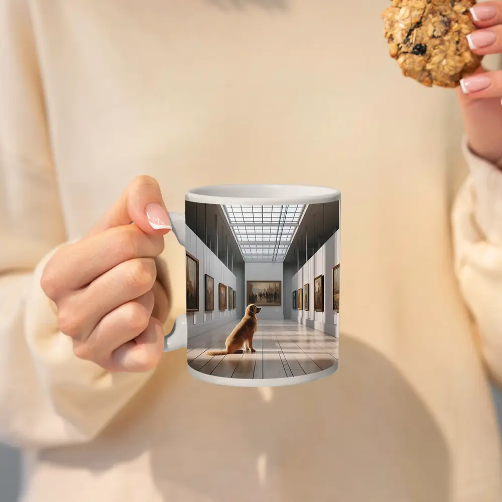Golden Retriever Sitting in Art Gallery – Mugs