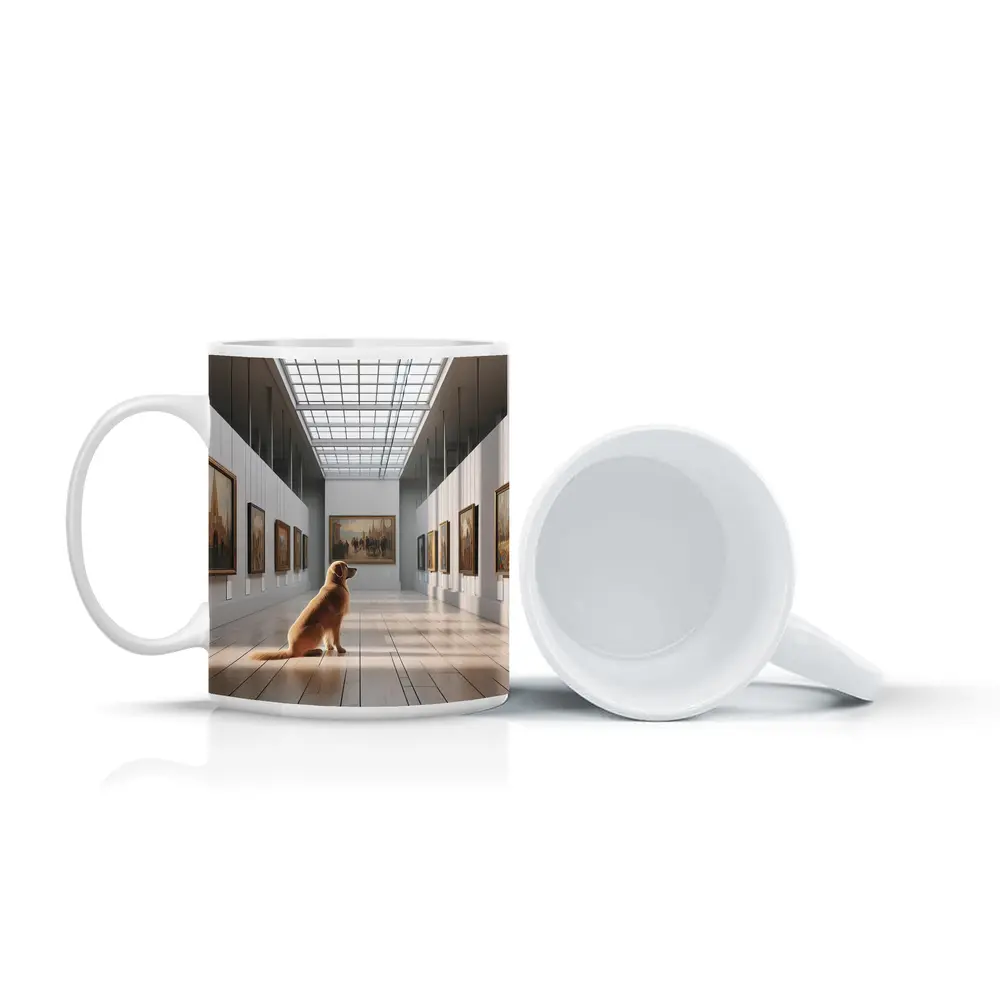 Golden Retriever Sitting in Art Gallery – Mugs