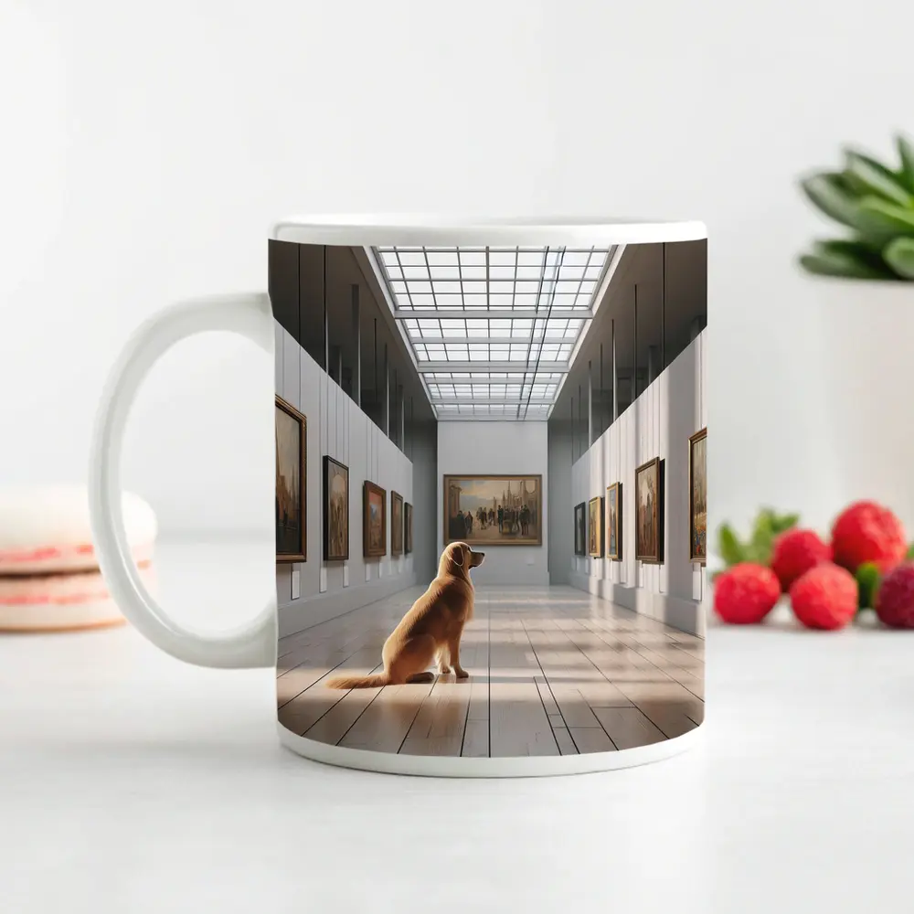 Golden Retriever Sitting in Art Gallery – Mugs