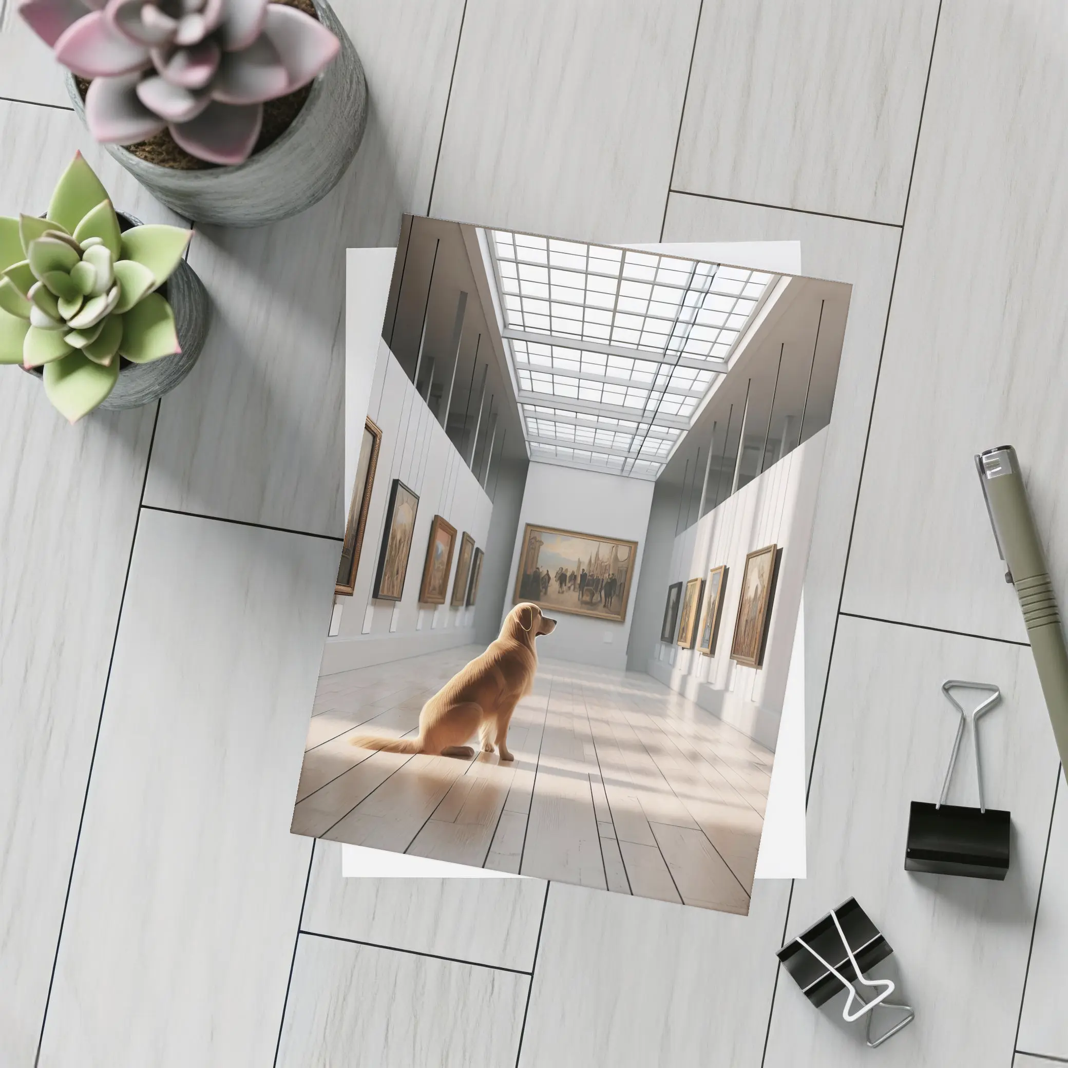 Golden Retriever Sitting in Art Gallery – Postcards