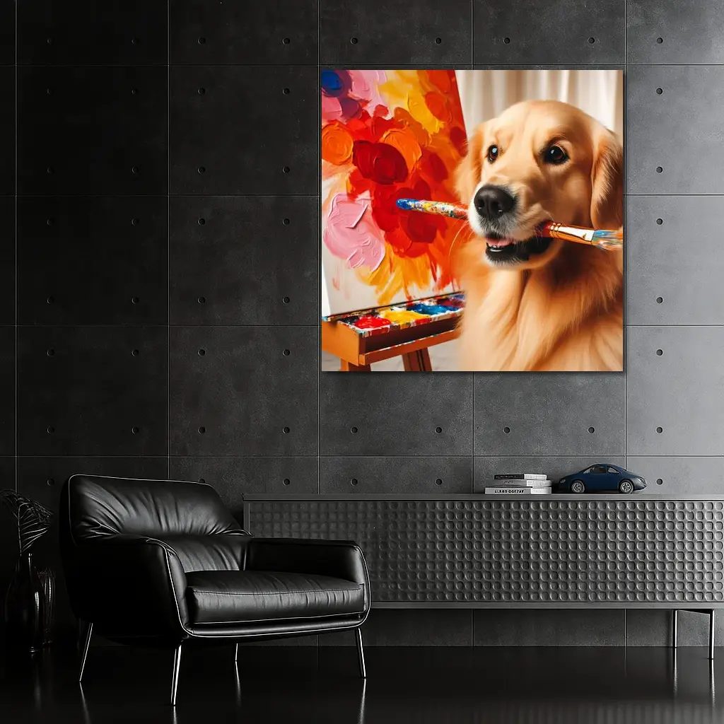 Golden Retriever Artist Painting Colorful Flowers – Wall Art
