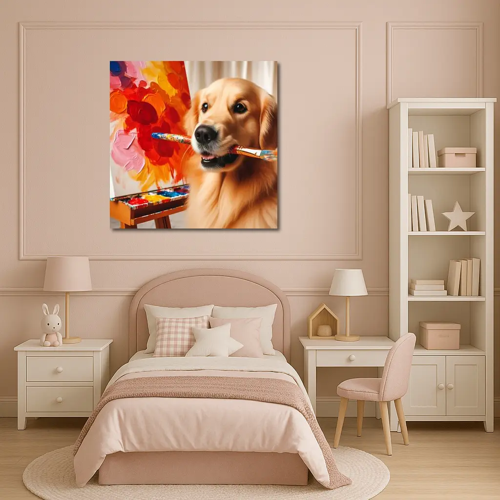 Golden Retriever Artist Painting Colorful Flowers – Wall Art