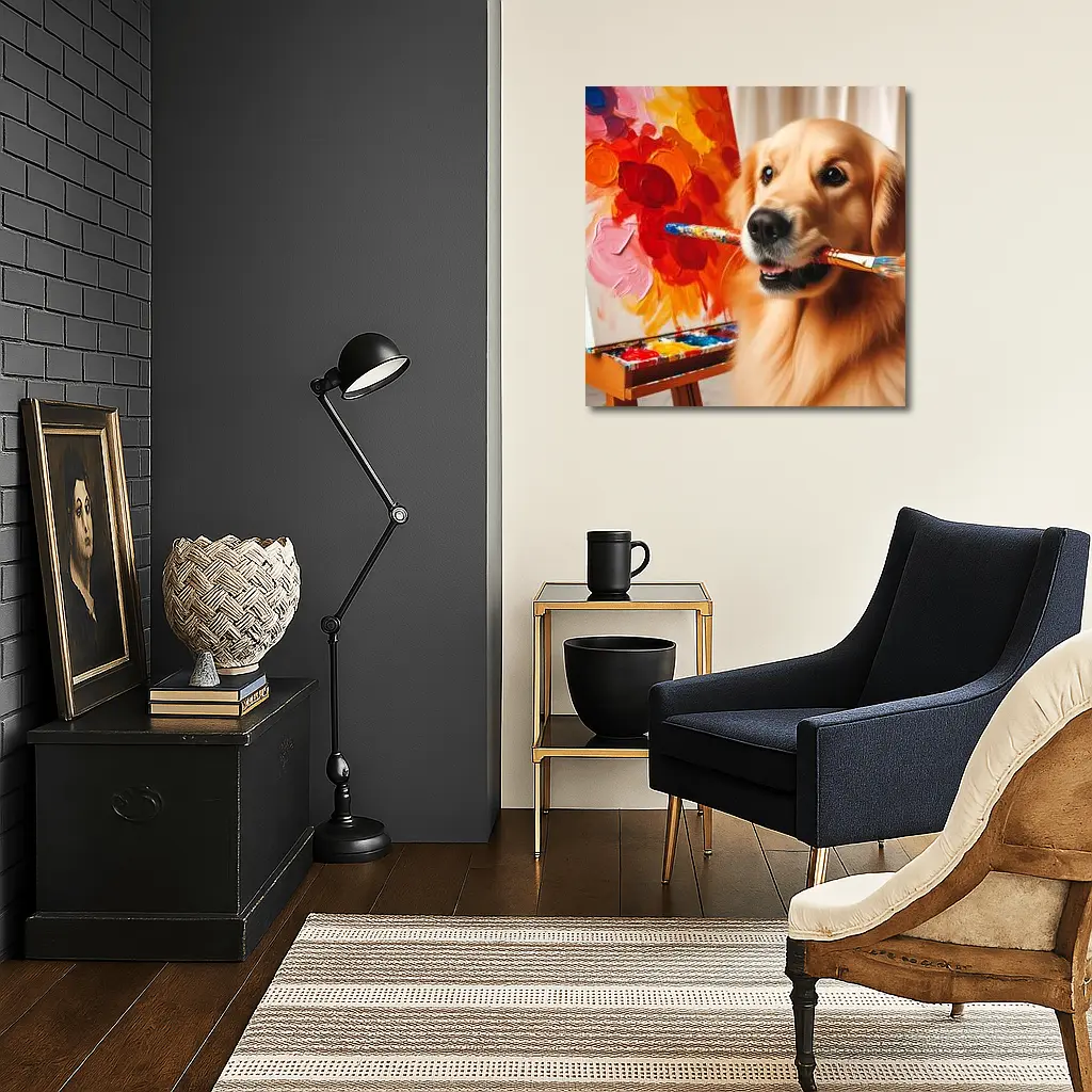 Golden Retriever Artist Painting Colorful Flowers – Wall Art
