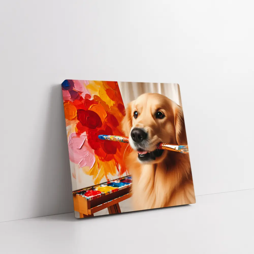 Golden Retriever Artist Painting Colorful Flowers – Wall Art