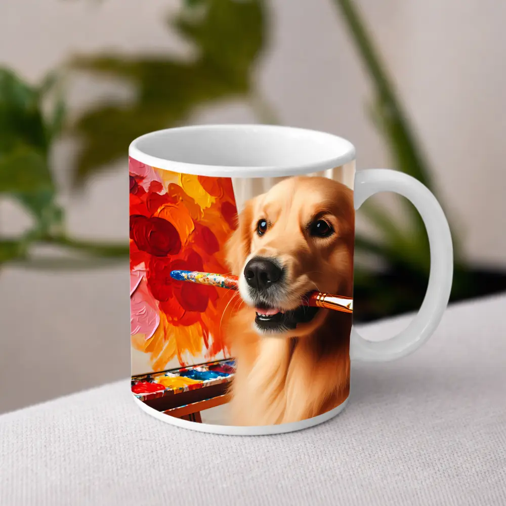 Golden Retriever Artist Painting Colorful Flowers – Mugs