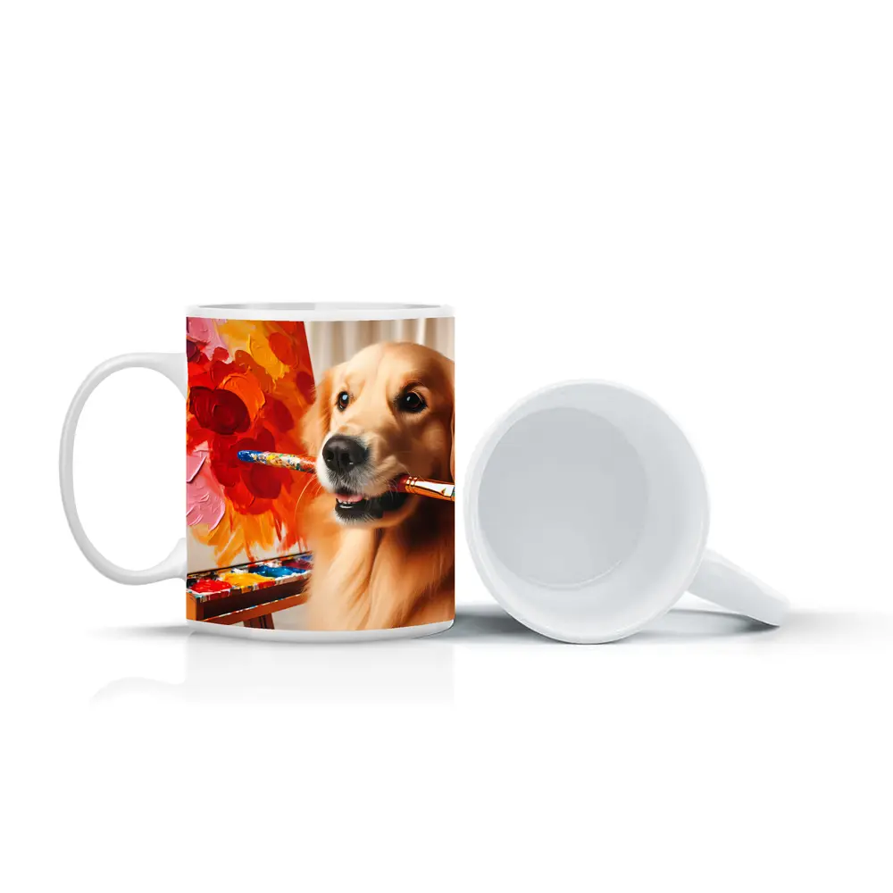 Golden Retriever Artist Painting Colorful Flowers – Mugs