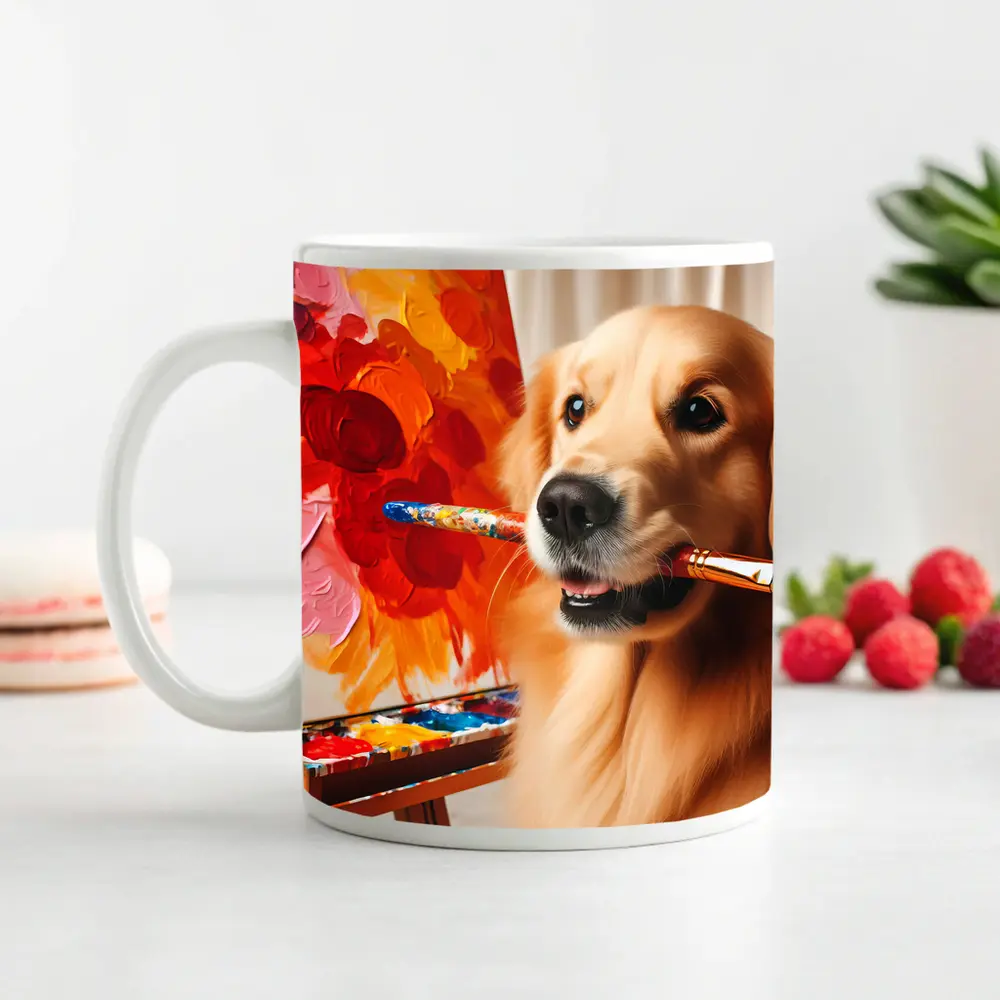 Golden Retriever Artist Painting Colorful Flowers – Mugs