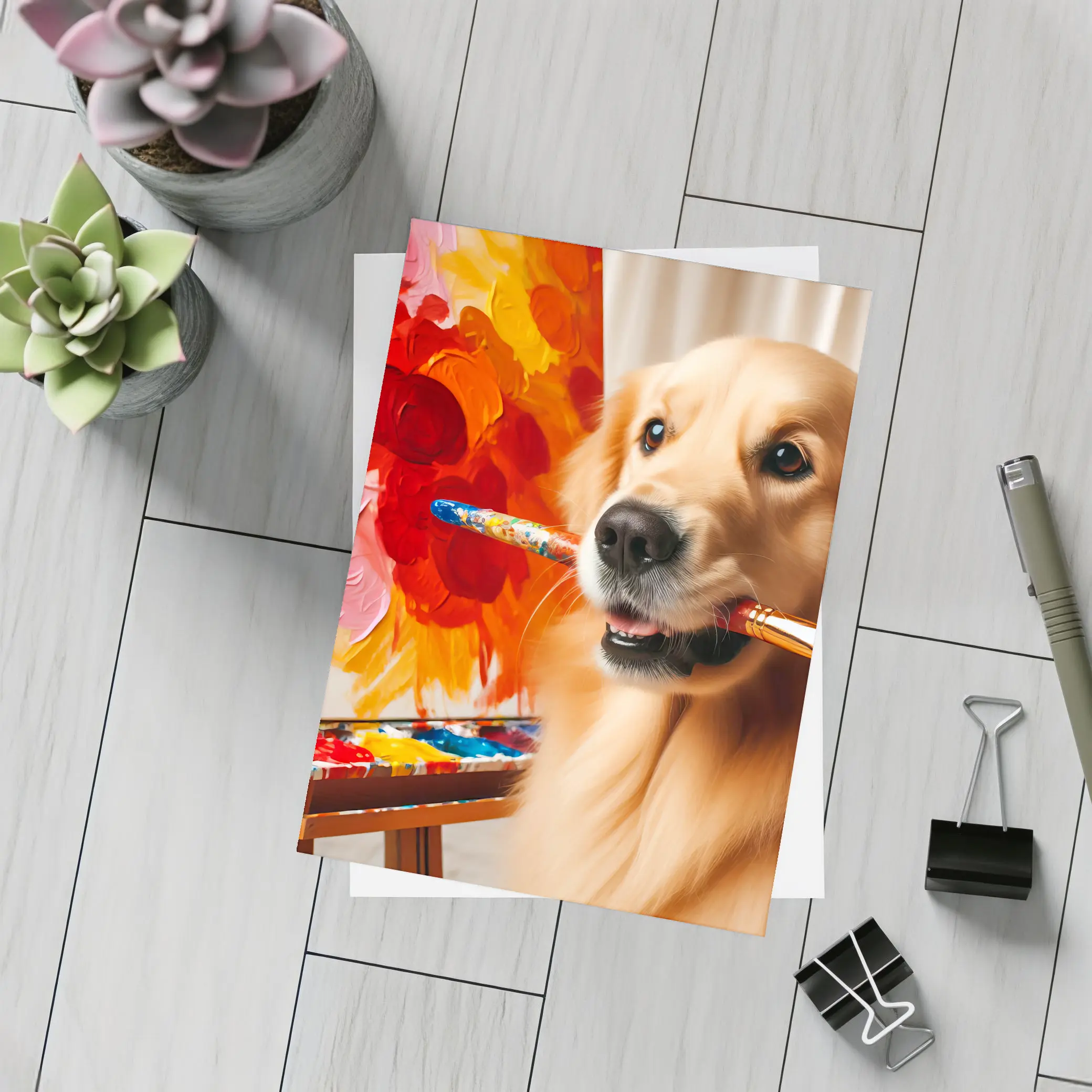Golden Retriever Artist Painting Colorful Flowers – Postcards