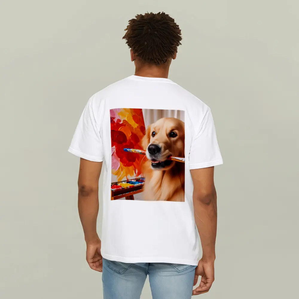 Golden Retriever Artist Painting Colorful Flowers – T-Shirts