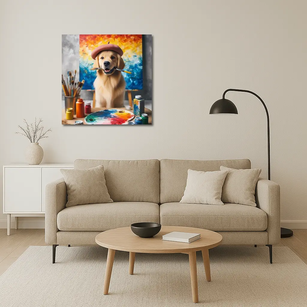Golden Retriever Artist Wearing Beret With Paintbrushes – Wall Art