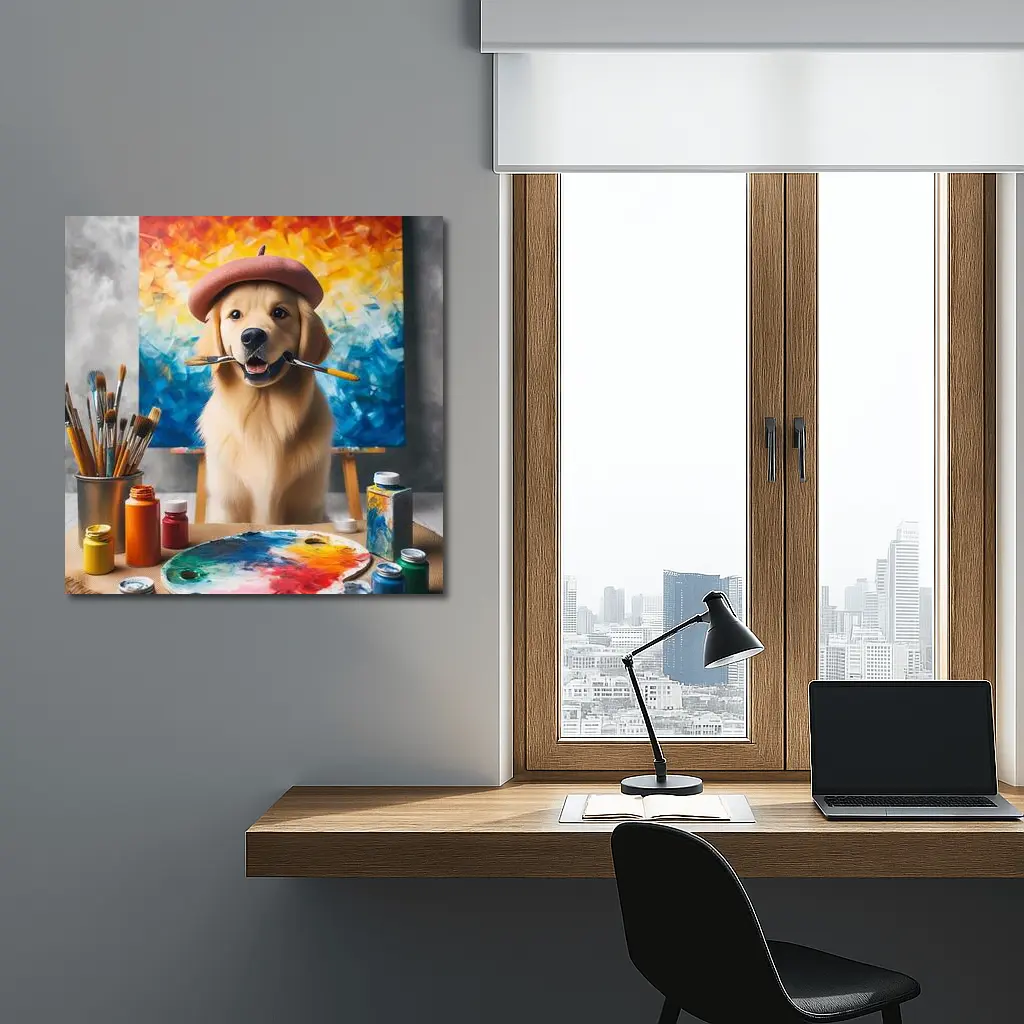 Golden Retriever Artist Wearing Beret With Paintbrushes – Wall Art