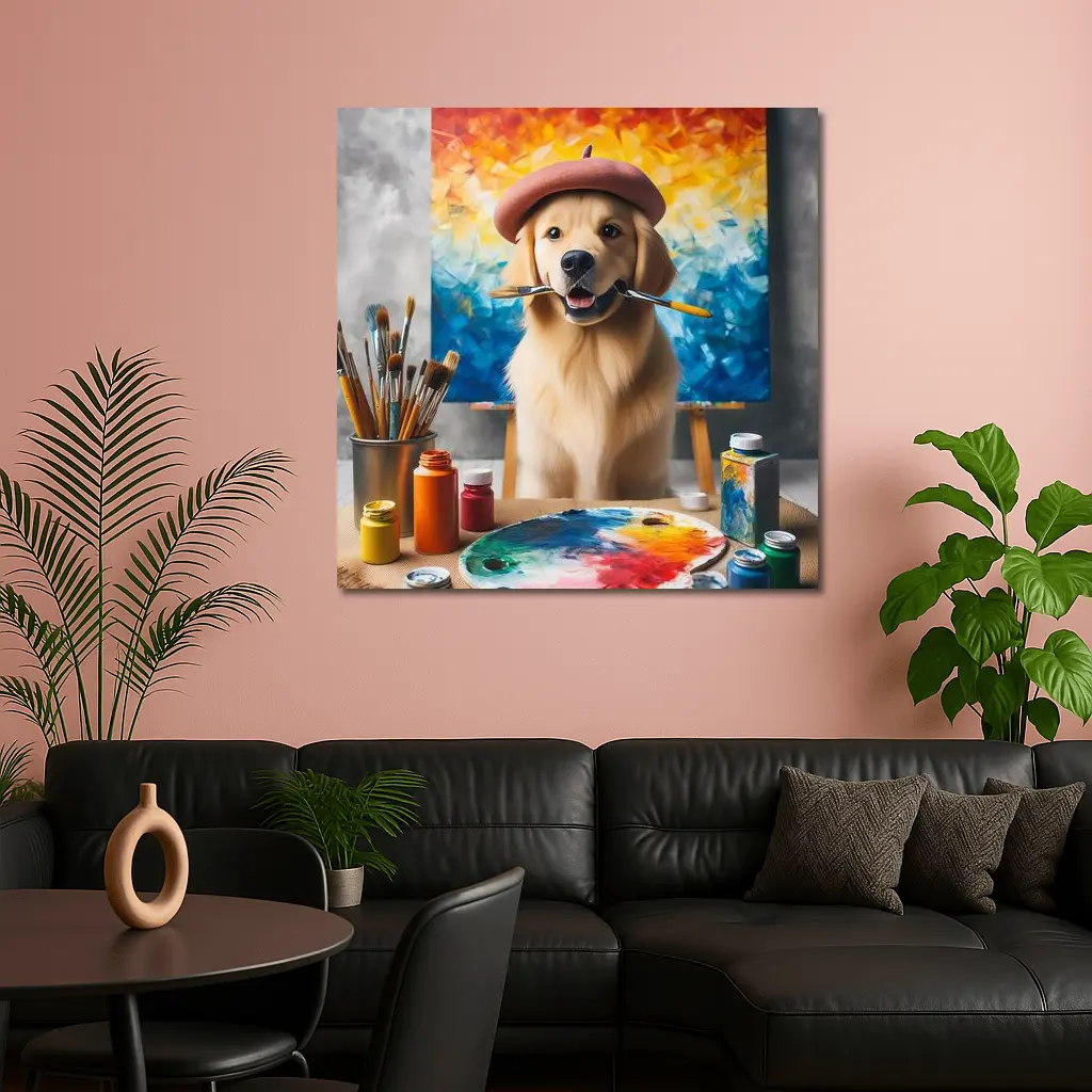 Golden Retriever Artist Wearing Beret With Paintbrushes – Wall Art