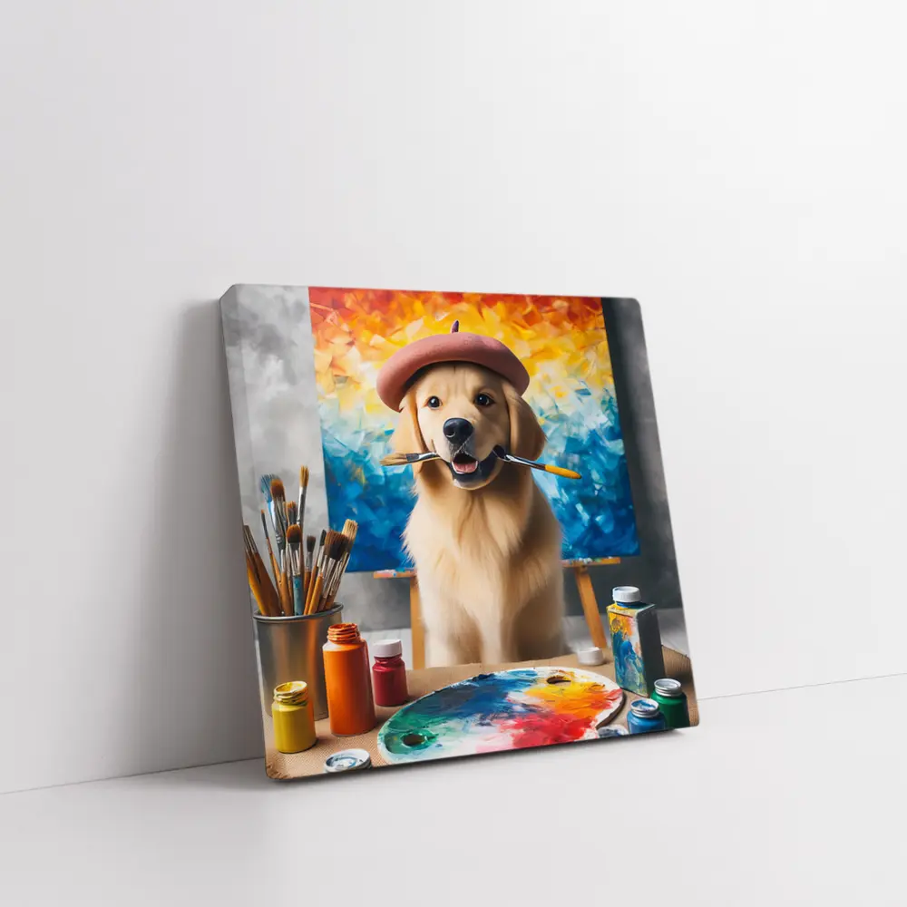 Golden Retriever Artist Wearing Beret With Paintbrushes – Wall Art