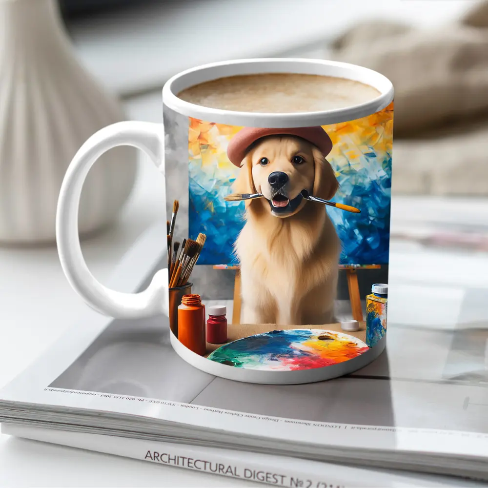 Golden Retriever Artist Wearing Beret With Paintbrushes – Mugs