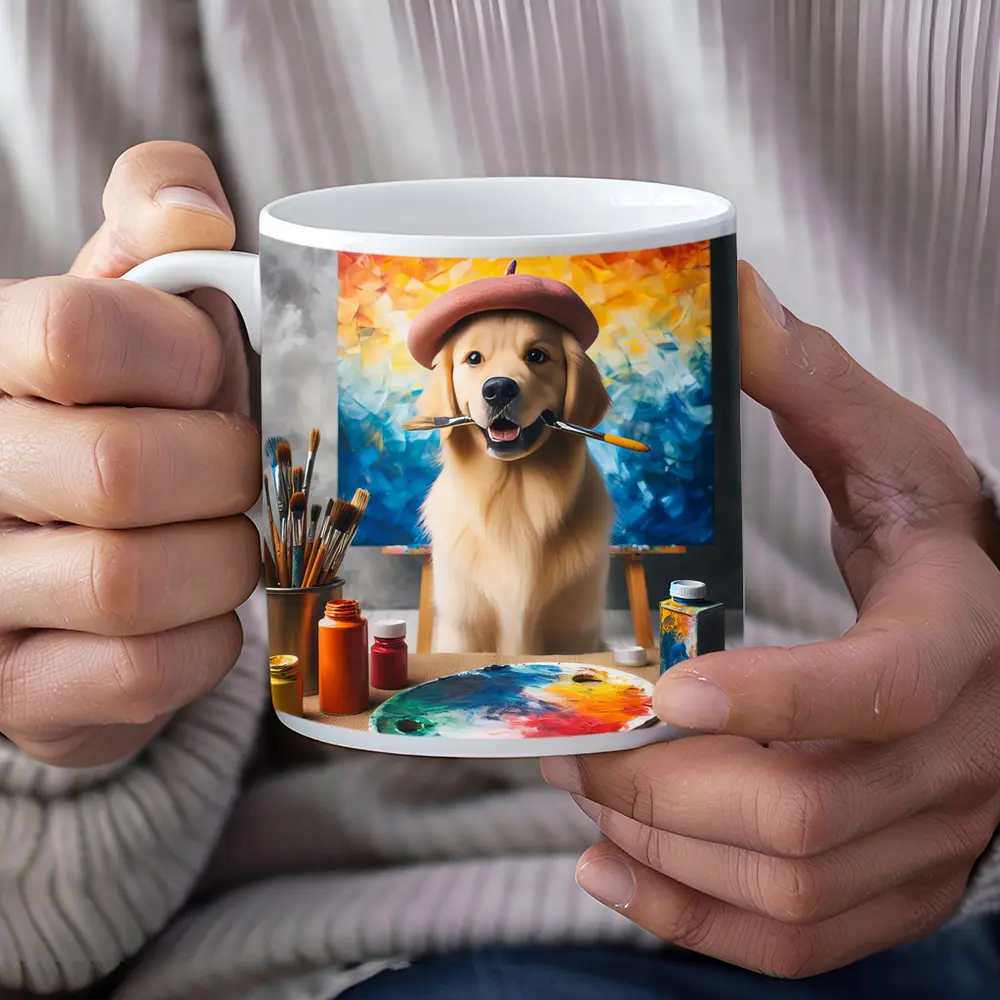 Golden Retriever Artist Wearing Beret With Paintbrushes – Mugs