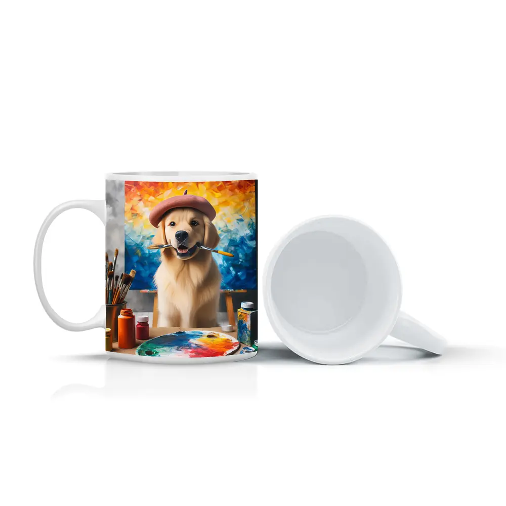 Golden Retriever Artist Wearing Beret With Paintbrushes – Mugs