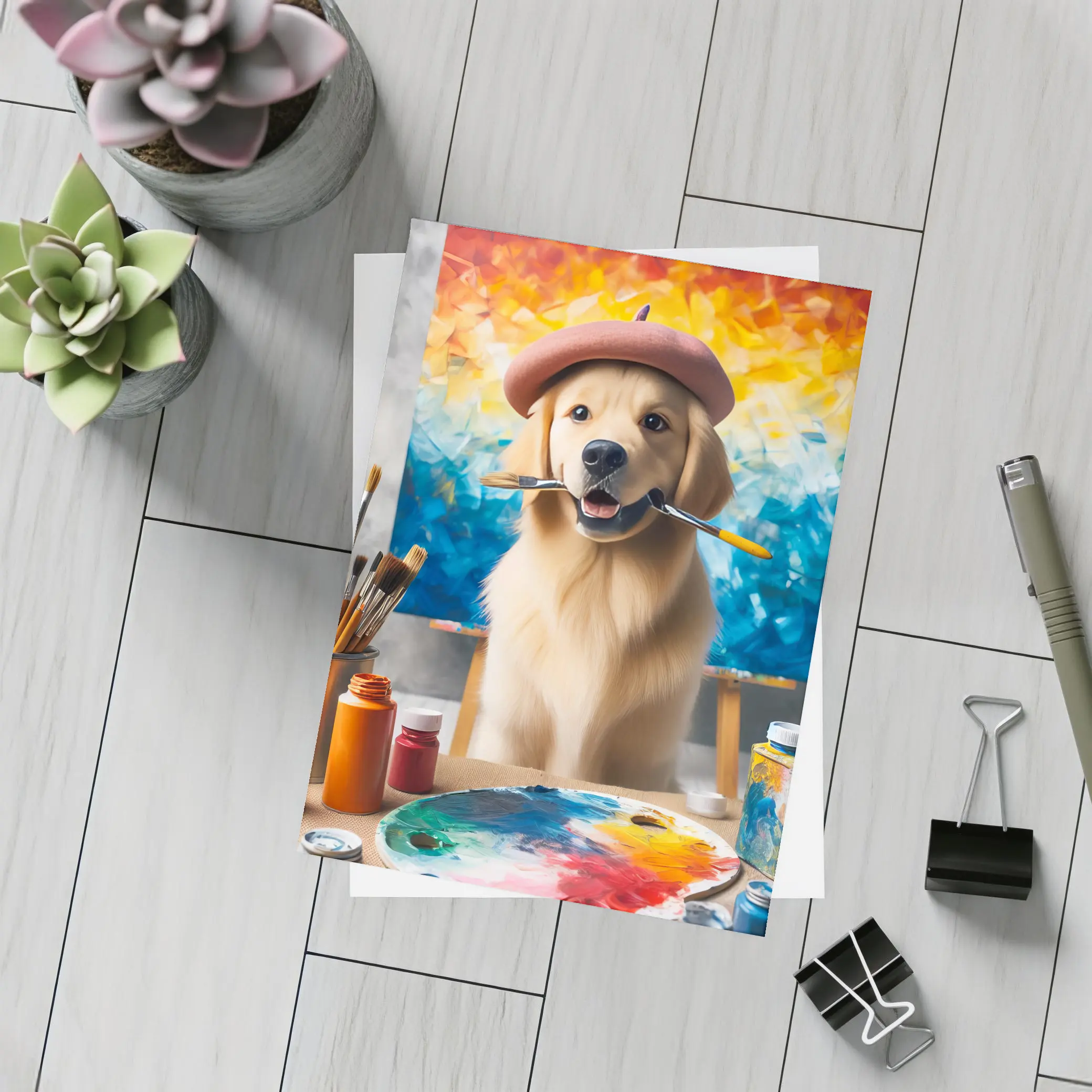 Golden Retriever Artist Wearing Beret With Paintbrushes – Postcards
