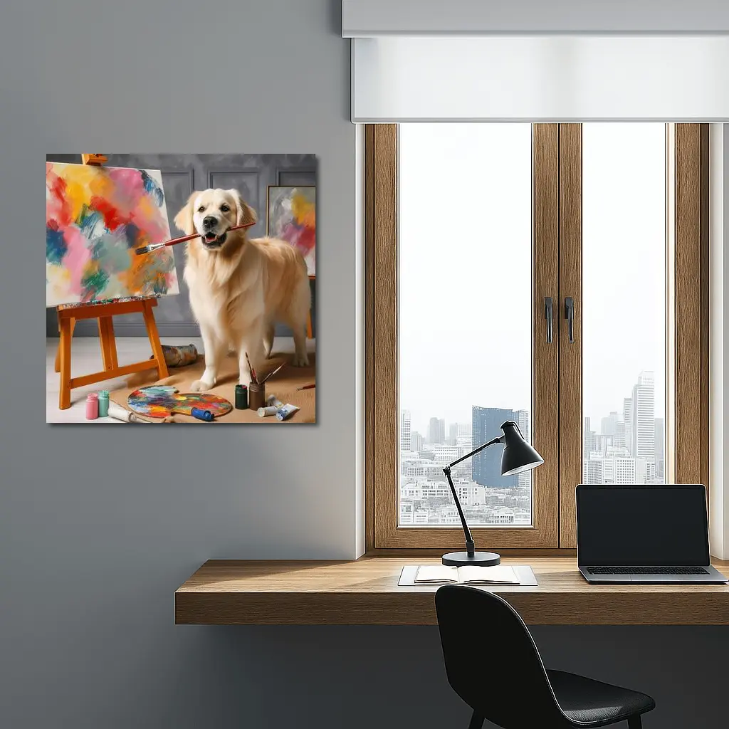 Golden Retriever Artist Painting on Easel – Wall Art