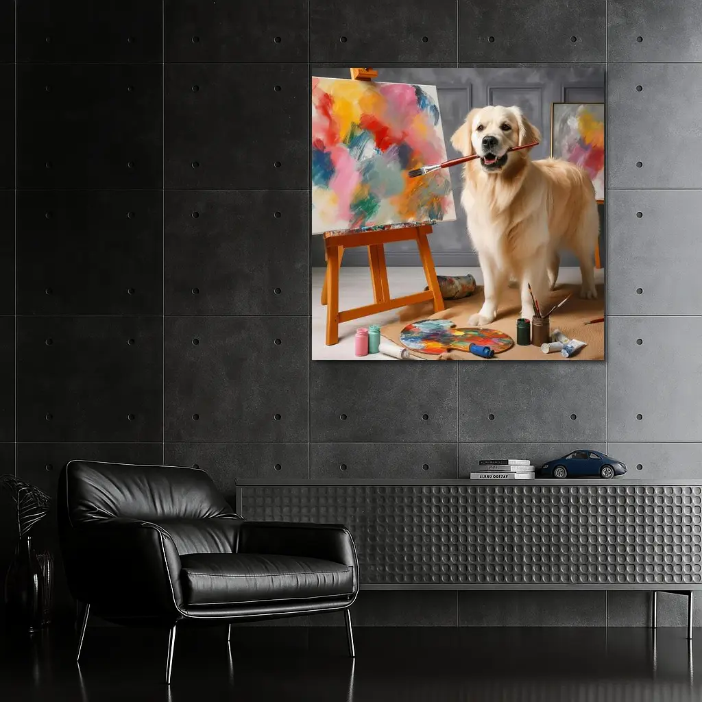 Golden Retriever Artist Painting on Easel – Wall Art