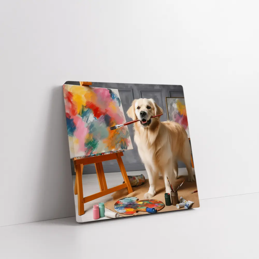 Golden Retriever Artist Painting on Easel – Wall Art