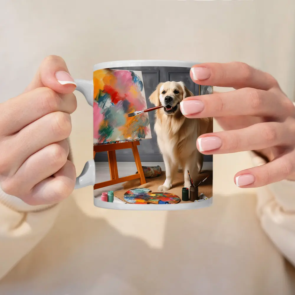 Golden Retriever Artist Painting on Easel – Mugs