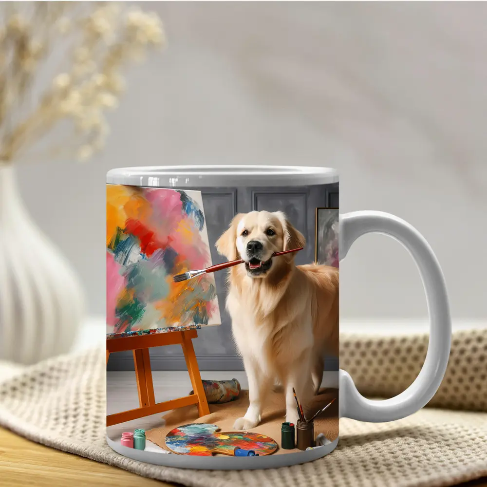 Golden Retriever Artist Painting on Easel – Mugs