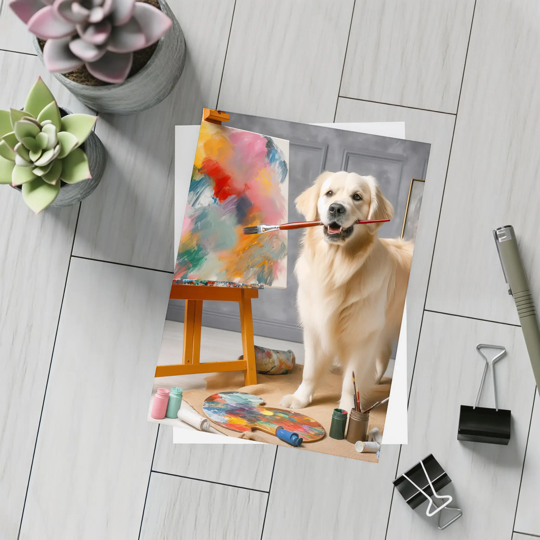 Golden Retriever Artist Painting on Easel – Postcards