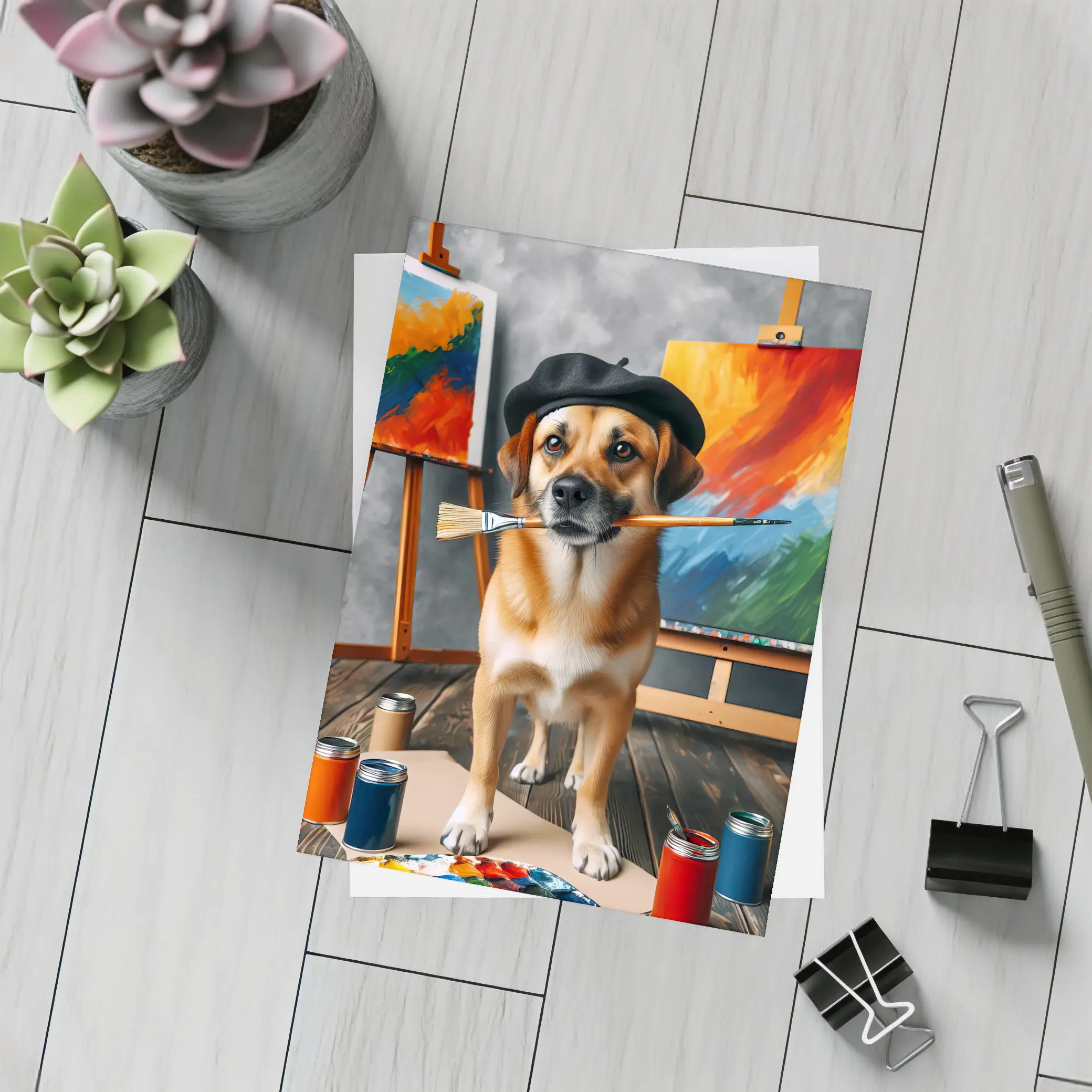 Dog Artist Painter Beret Studio Canvas – Postcards