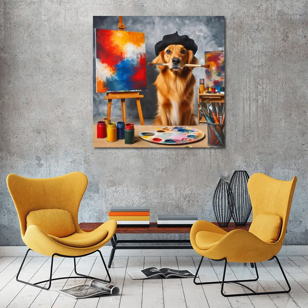 Golden Retriever Artist Wearing Beret Painting – Wall Art