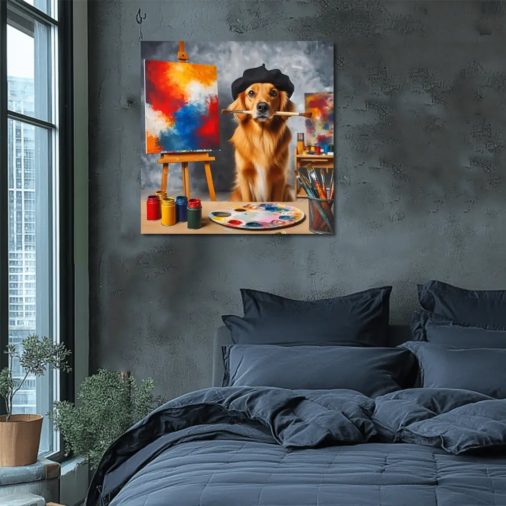 Golden Retriever Artist Wearing Beret Painting – Wall Art