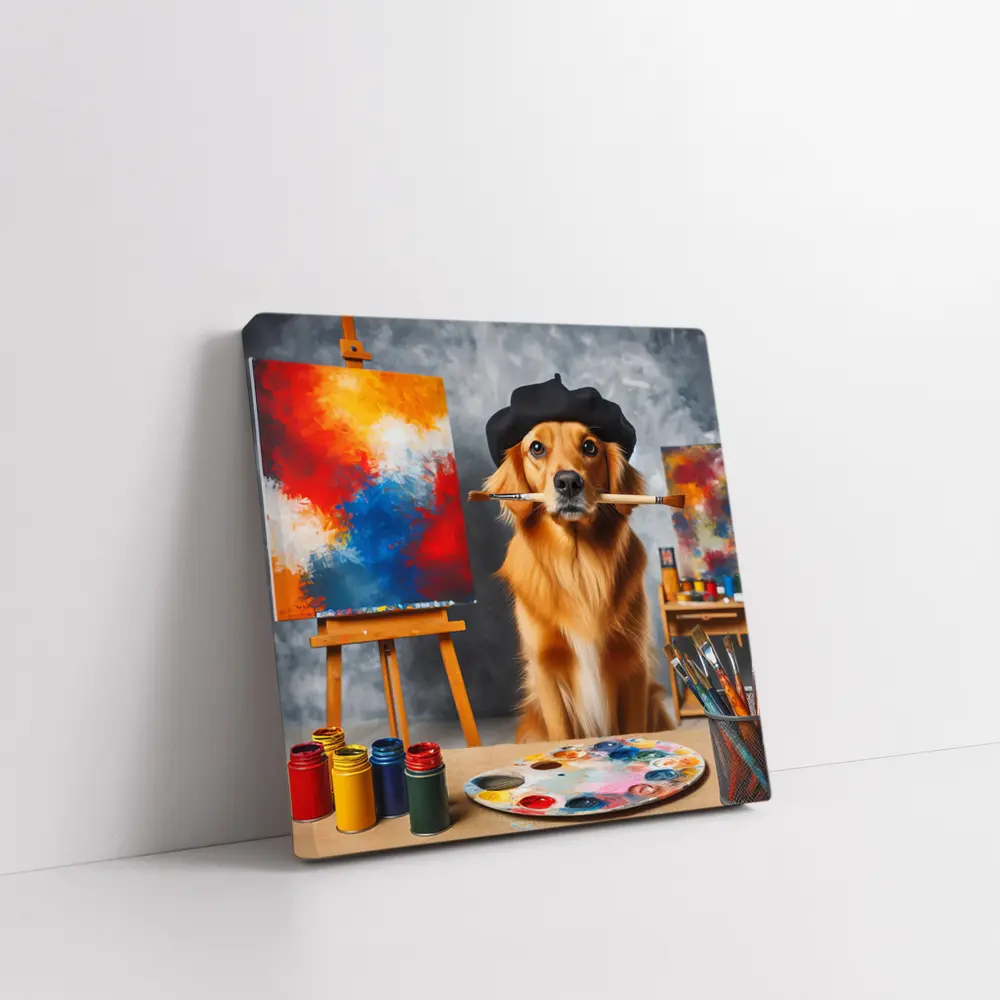 Golden Retriever Artist Wearing Beret Painting – Wall Art
