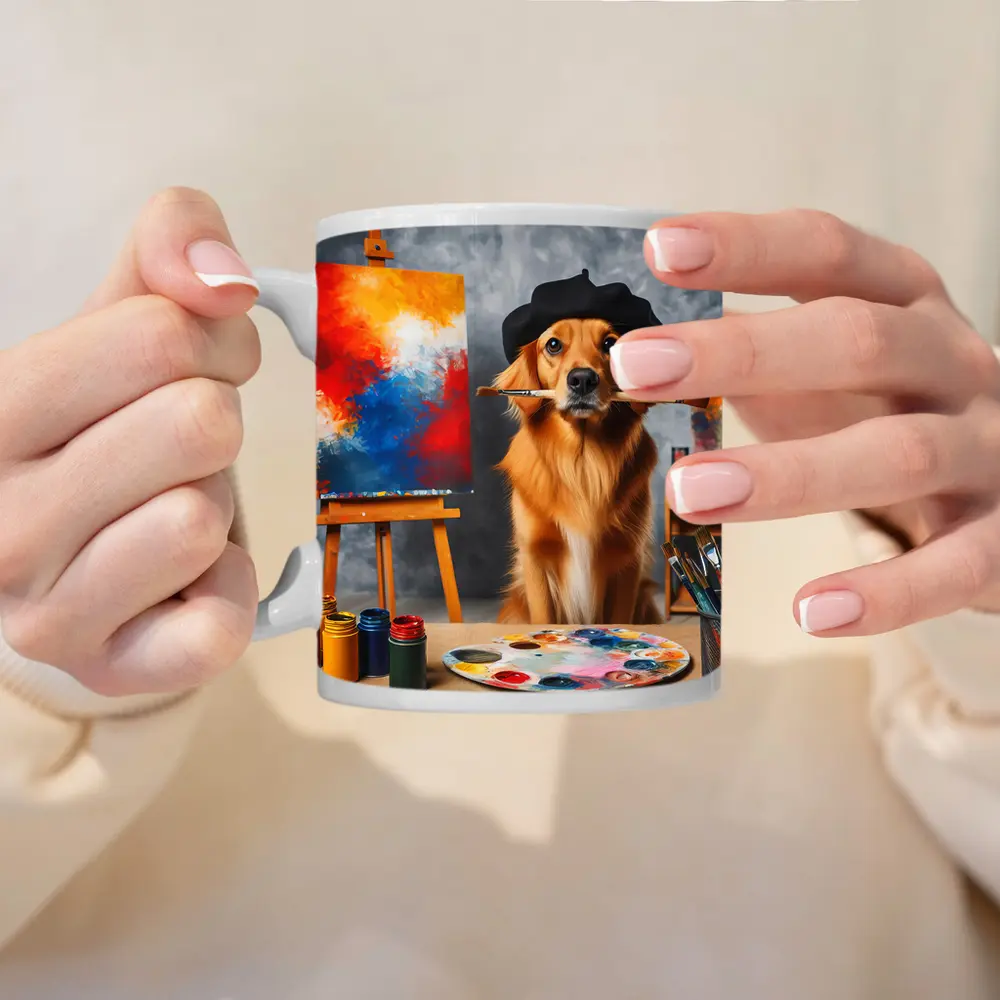 Golden Retriever Artist Wearing Beret Painting – Mugs