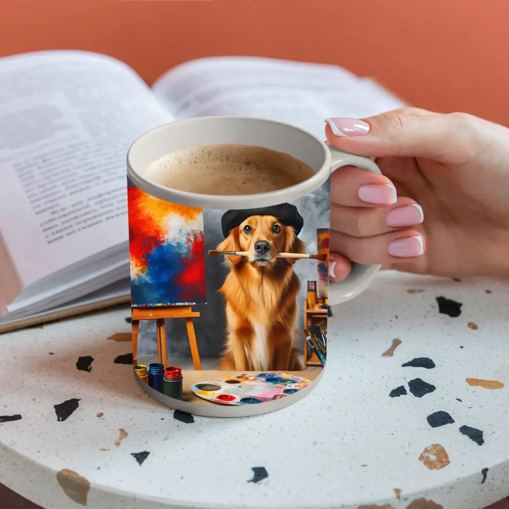 Golden Retriever Artist Wearing Beret Painting – Mugs