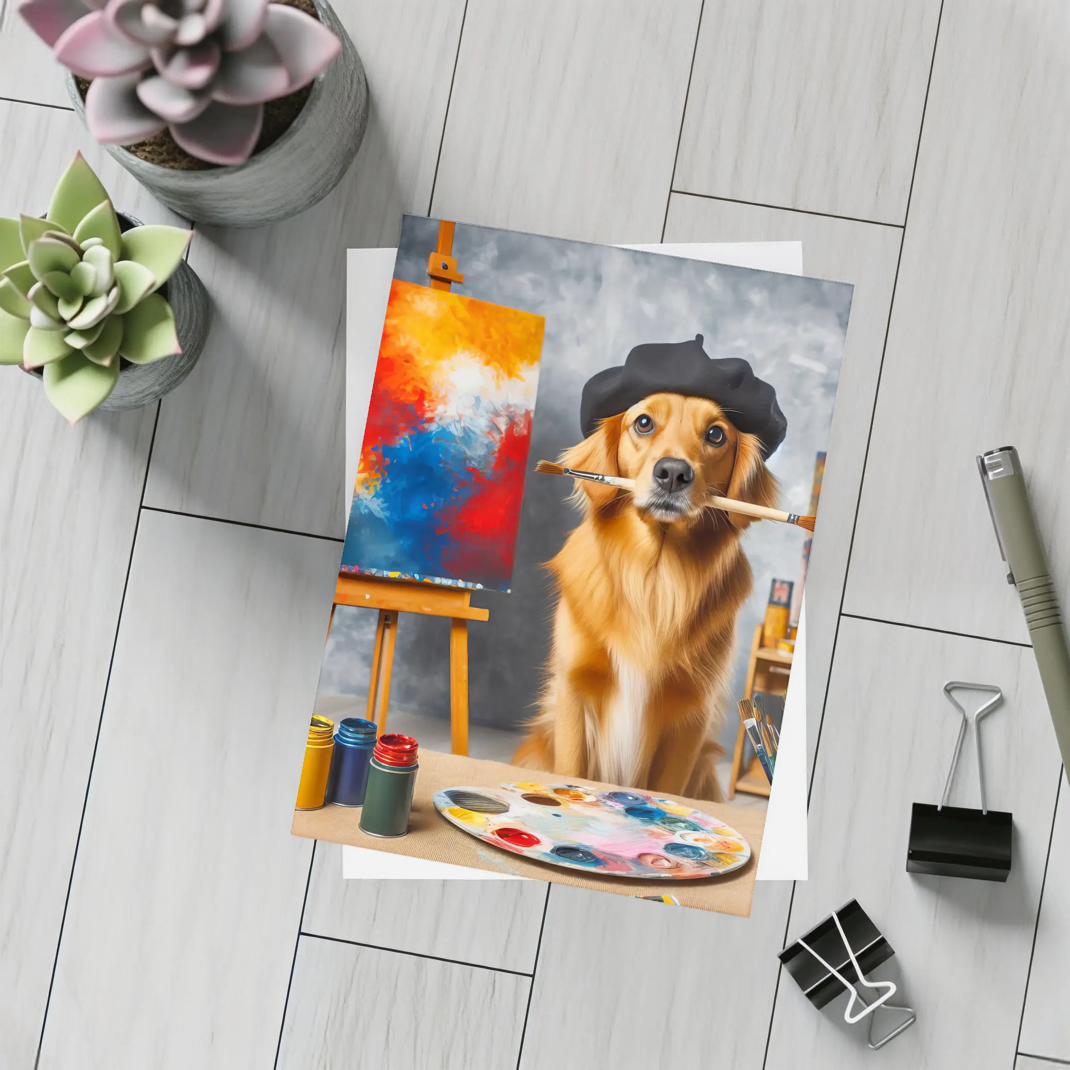 Golden Retriever Artist Wearing Beret Painting – Postcards