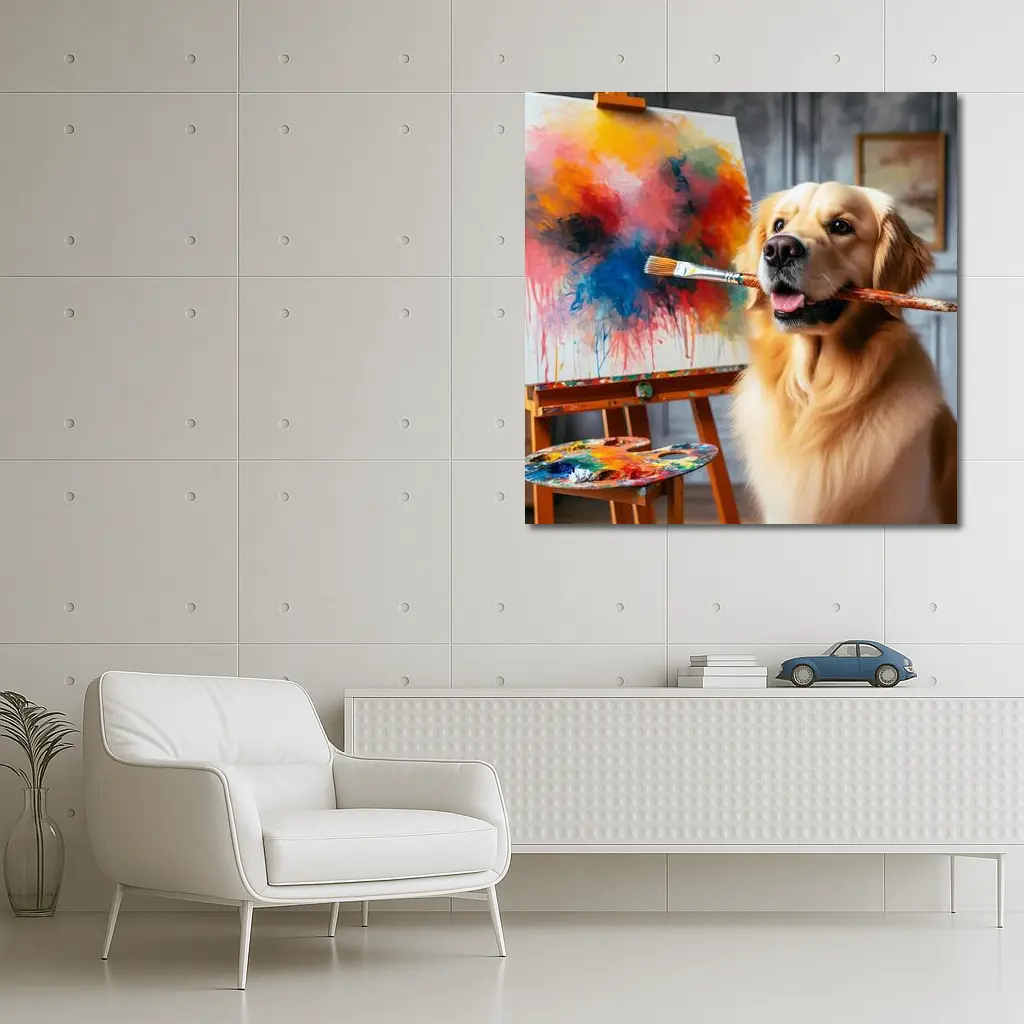 Golden Retriever Artist Painting on Canvas – Wall Art