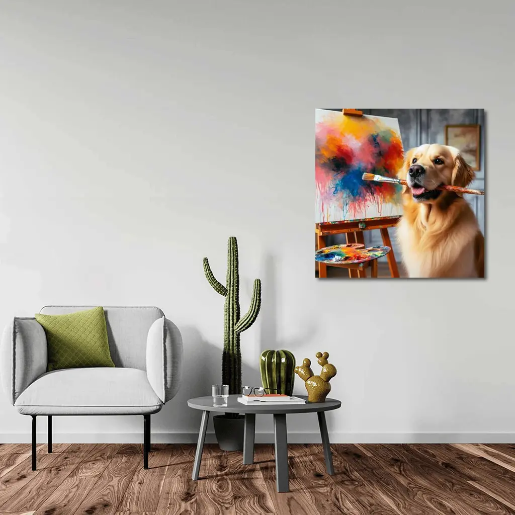Golden Retriever Artist Painting on Canvas – Wall Art