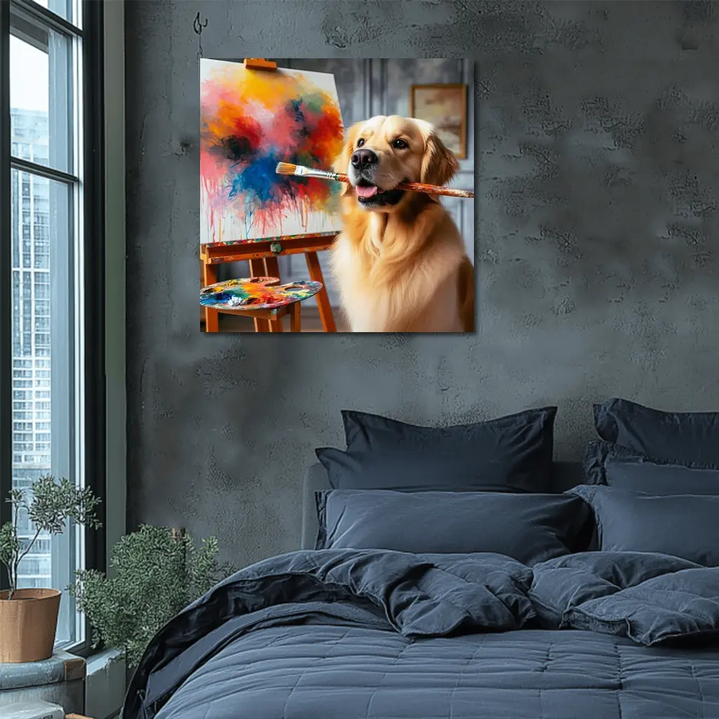 Golden Retriever Artist Painting on Canvas – Wall Art