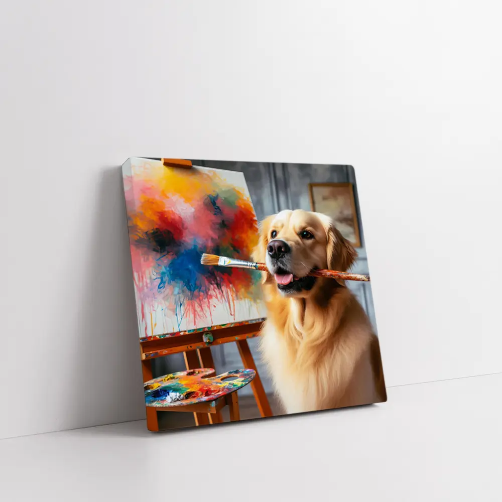 Golden Retriever Artist Painting on Canvas – Wall Art