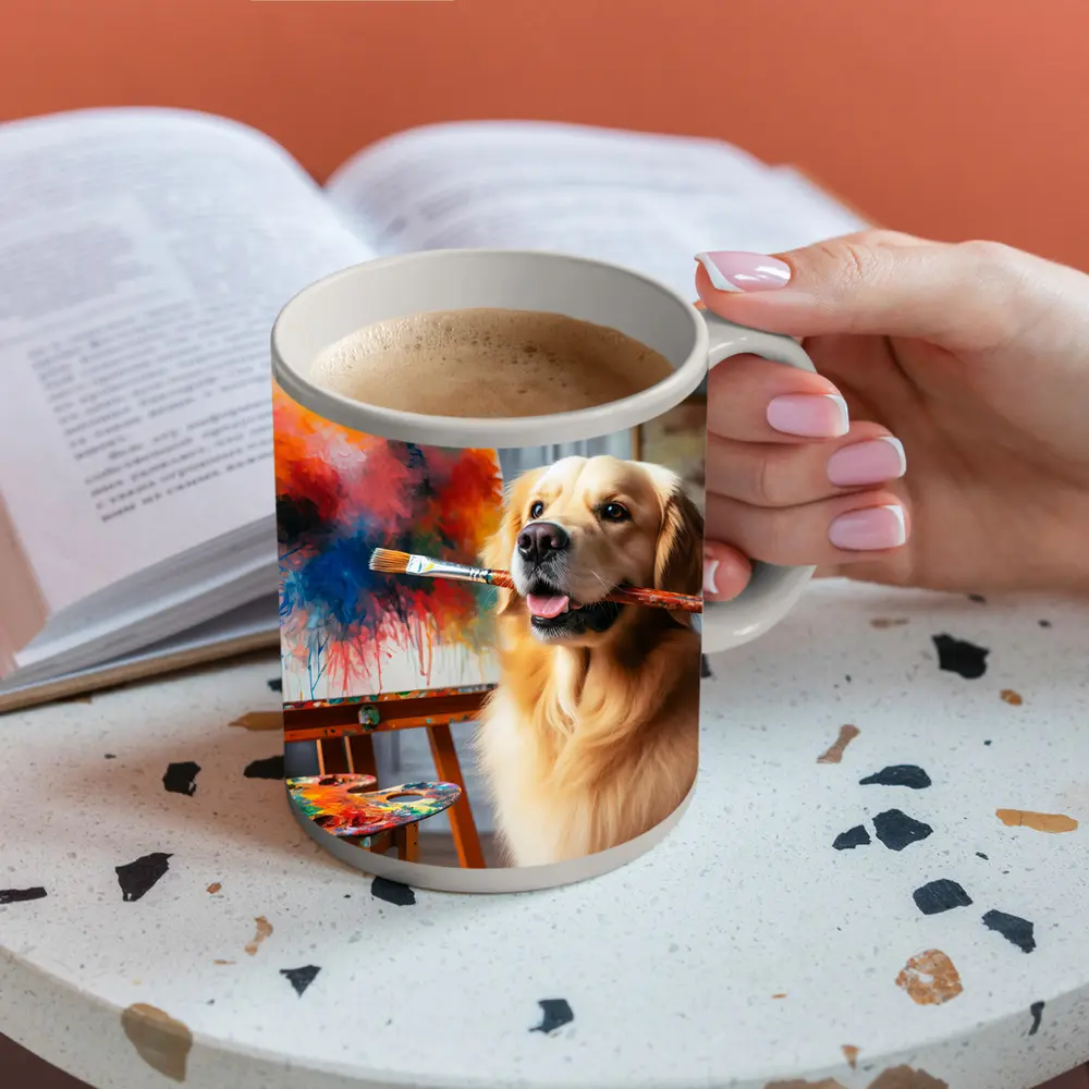 Golden Retriever Artist Painting on Canvas – Mugs