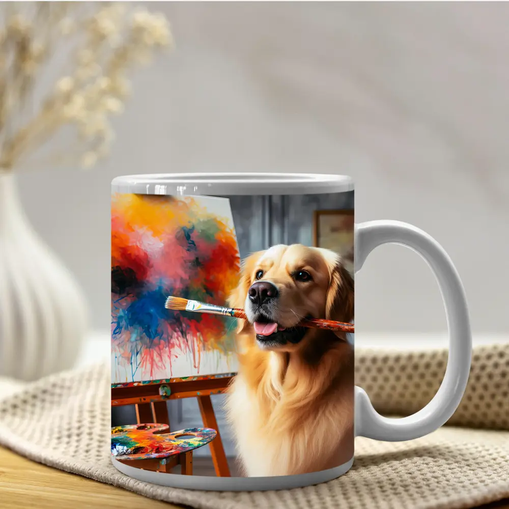Golden Retriever Artist Painting on Canvas – Mugs
