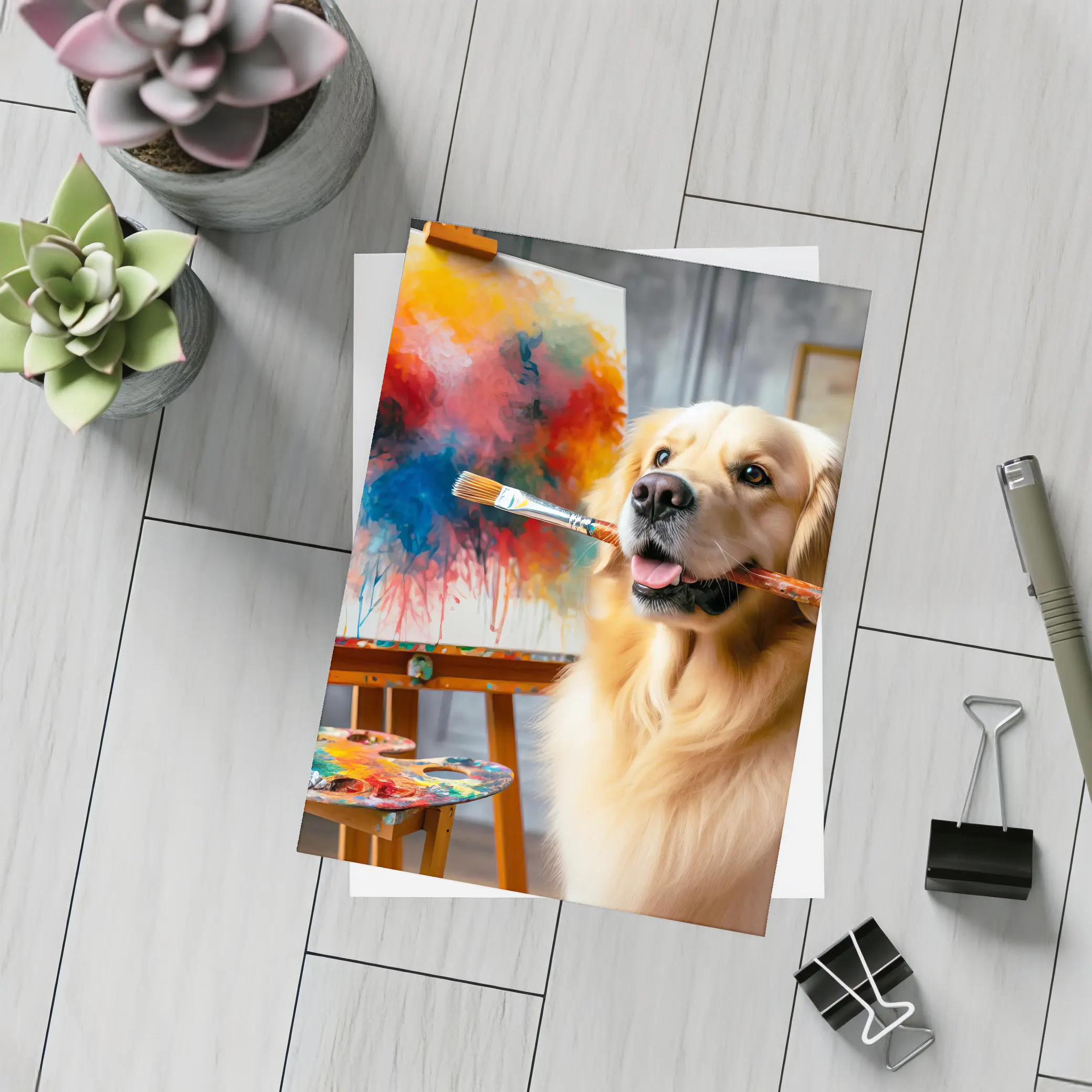 Golden Retriever Artist Painting on Canvas – Postcards
